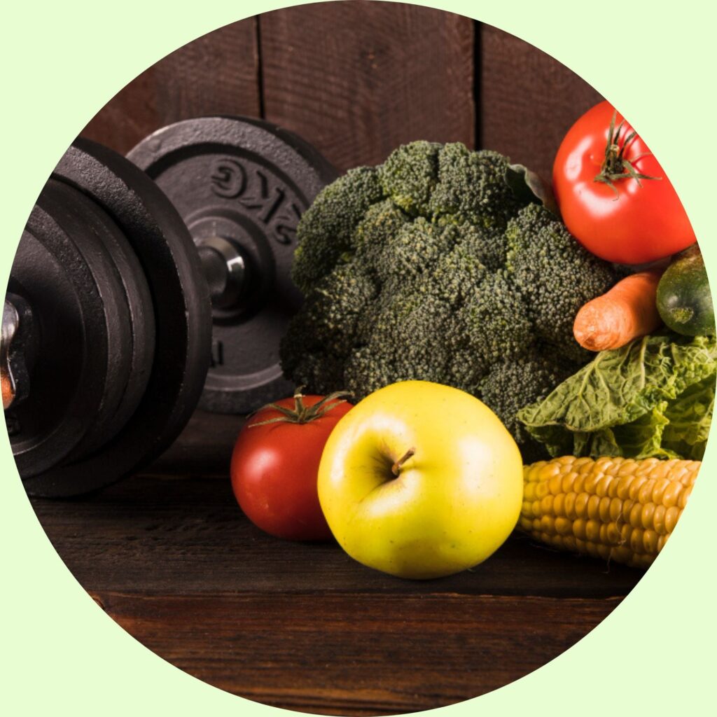 vegetais frescos-halteres-fundo-de-madeira