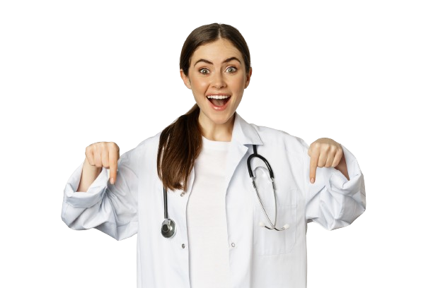 retrato-feliz-mulher-médica-apontando-os-dedos-para baixo-sorrindo-demonstrando-promoção-oferta-desconto