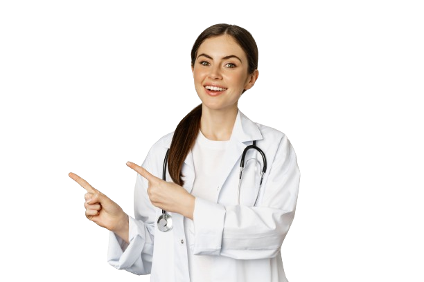 mulher sorrindo-jovem-médico-saúde-trabalhador-médico-apontando-os-dedos-esquerda